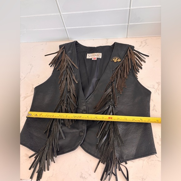 Steer Brand Black Leather Vest with Fringe and 2003 Sturgis Motorcycle Rally Pin - Picture 7 of 7